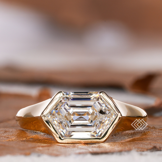 Hexagon Step Cut ring With Lab-Grown & Natural Diamonds, Jewelry By Leading Manufacturer From Swagstar, Surat. Explore Wedding, Engagement, Eternity Rings,  Earring & Studs, Bracelets In 10k, 14k, & 18k Gold Varieties, Including White, Yellow, Rose Gold.