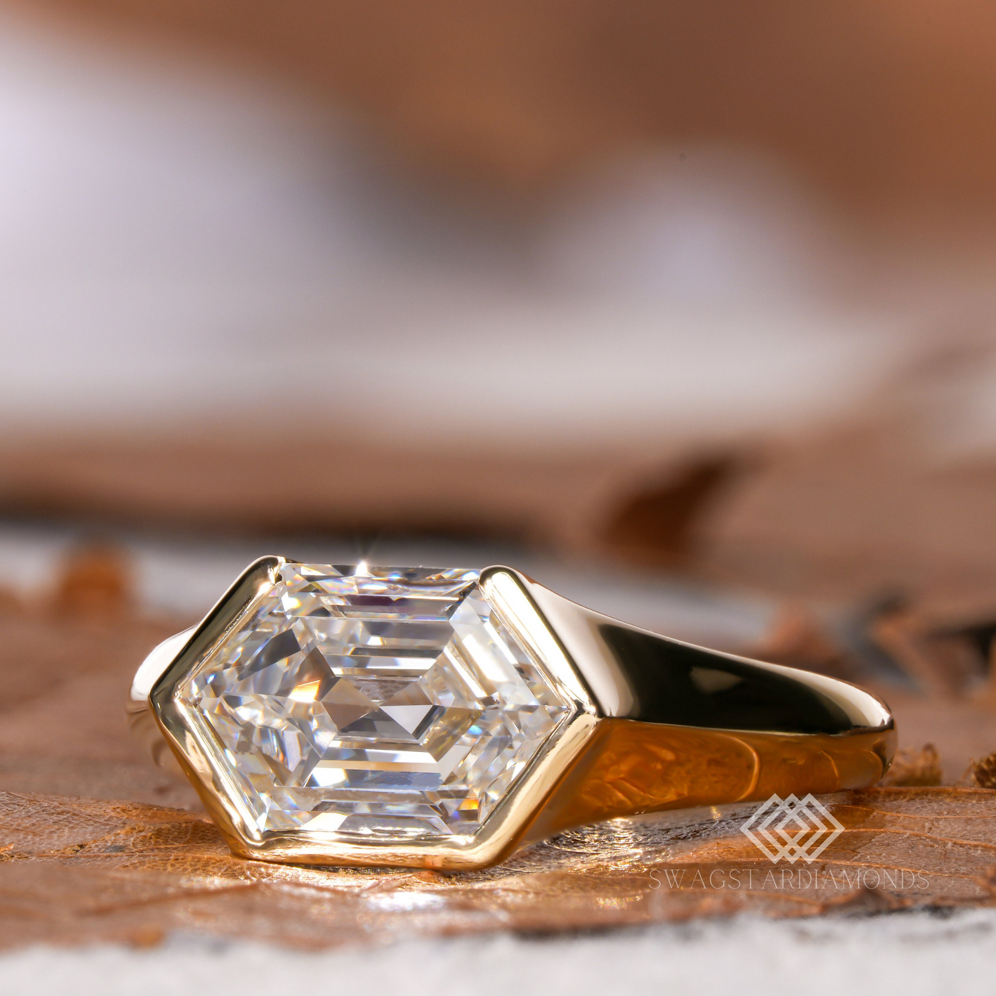 Hexagon Step Cut ring With Lab-Grown & Natural Diamonds, Jewelry By Leading Manufacturer From Swagstar, Surat. Explore Wedding, Engagement, Eternity Rings,  Earring & Studs, Bracelets In 10k, 14k, & 18k Gold Varieties, Including White, Yellow, Rose Gold.