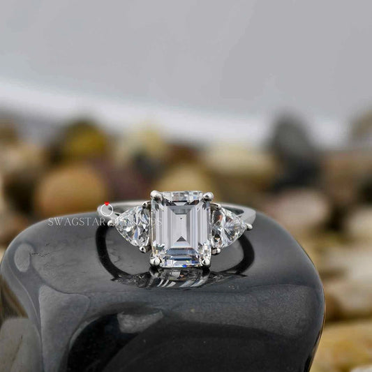 3 Carat Emerald Cut Lab Grown Diamond Side Trillian Cut Three Stone Engagement Ring For Her