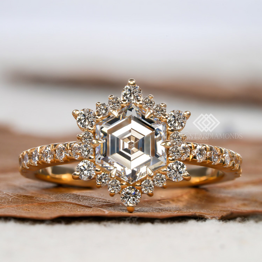 Hexagon Shape ring With Lab-Grown & Natural Diamonds, Jewelry By Leading Manufacturer From Swagstar, Surat. Explore Wedding, Engagement, Eternity Rings,  Earring & Studs, Bracelets In 10k, 14k, & 18k Gold Varieties, Including White, Yellow, Rose Gold.