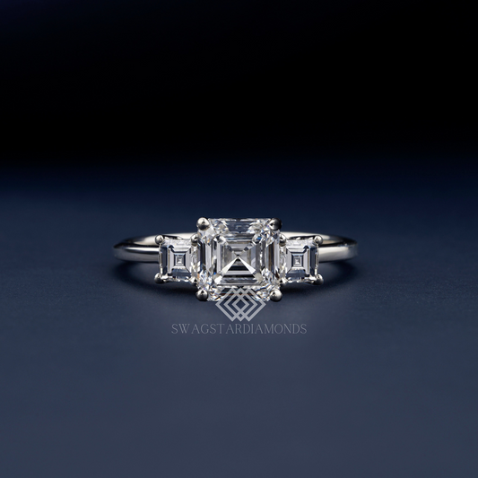 Asscher Cut Ring With Lab-Grown & Natural Diamonds, Jewelry By Leading Manufacturer From Swagstar, Surat. Explore Wedding, Engagement, Eternity Rings,  Earring & Studs, Bracelets In 10k, 14k, & 18k Gold Varieties, Including White, Yellow, Rose Gold.
