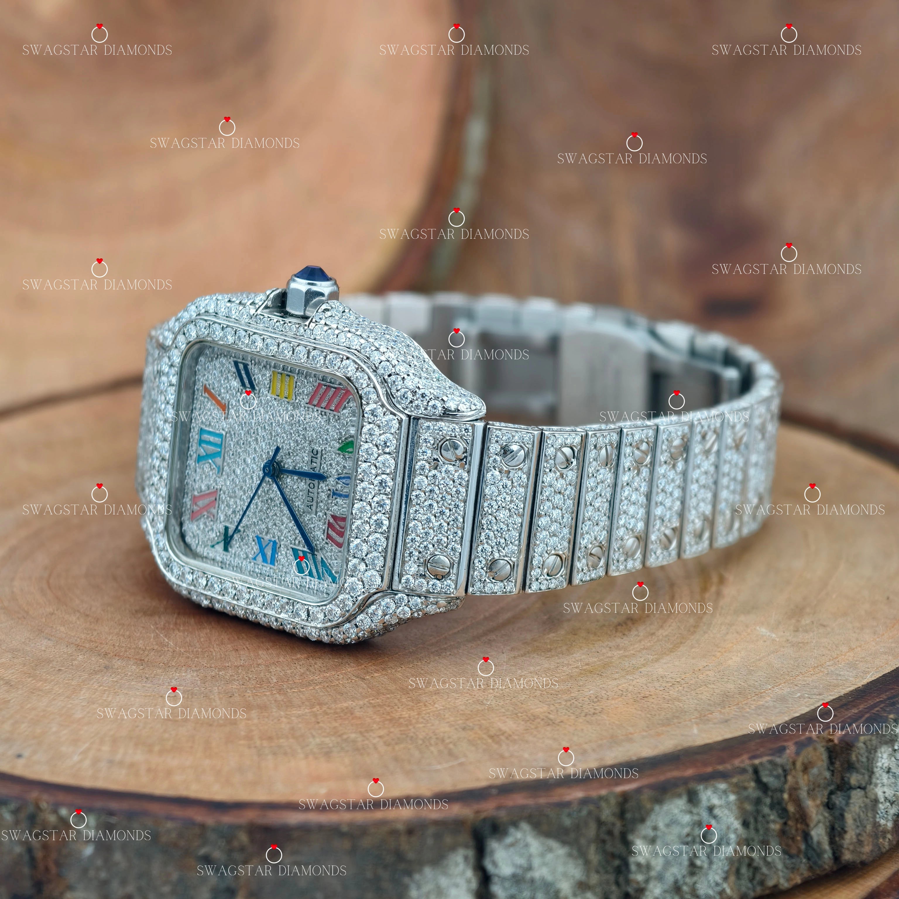 Colorful Roman Number Moissanite Watch For Men