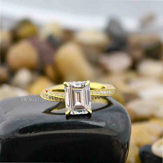 2 Carat Emerald Cut Lab Grown Diamond Twisted Band Hidden Halo Solitaire Engagement Ring For Her
