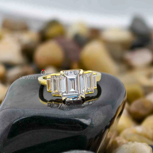 2 Carat Emerald Cut CVD Diamond Five Stone Engagement Ring For Her In 14K Yellow Gold