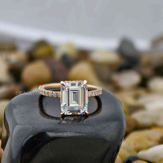 2 Carat Emerald Cut Lab Grown Diamond Solitaire Hidden Halo Pave Engagement Ring For Her In 14K Rose Gold