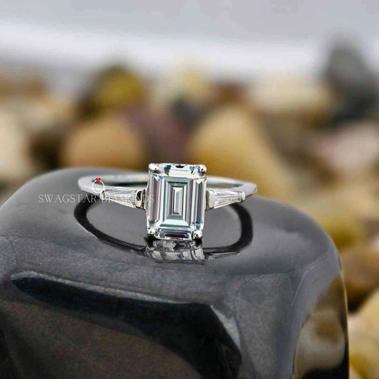 2 Carat Emerald Cut CVD Diamond Side Tapperd Three Stone Engagement Ring For Her In 14K White Gold