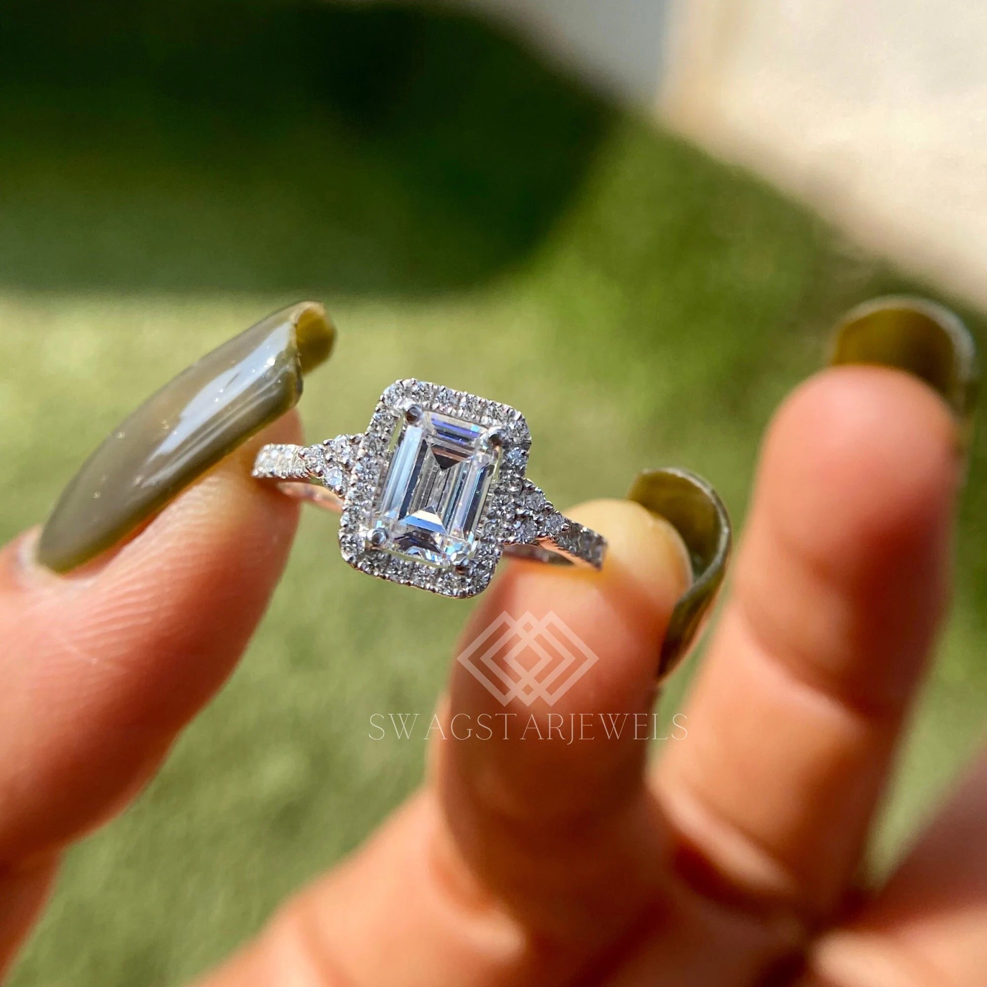 Emerald Cut 14kt Gold Halo Engagement Ring