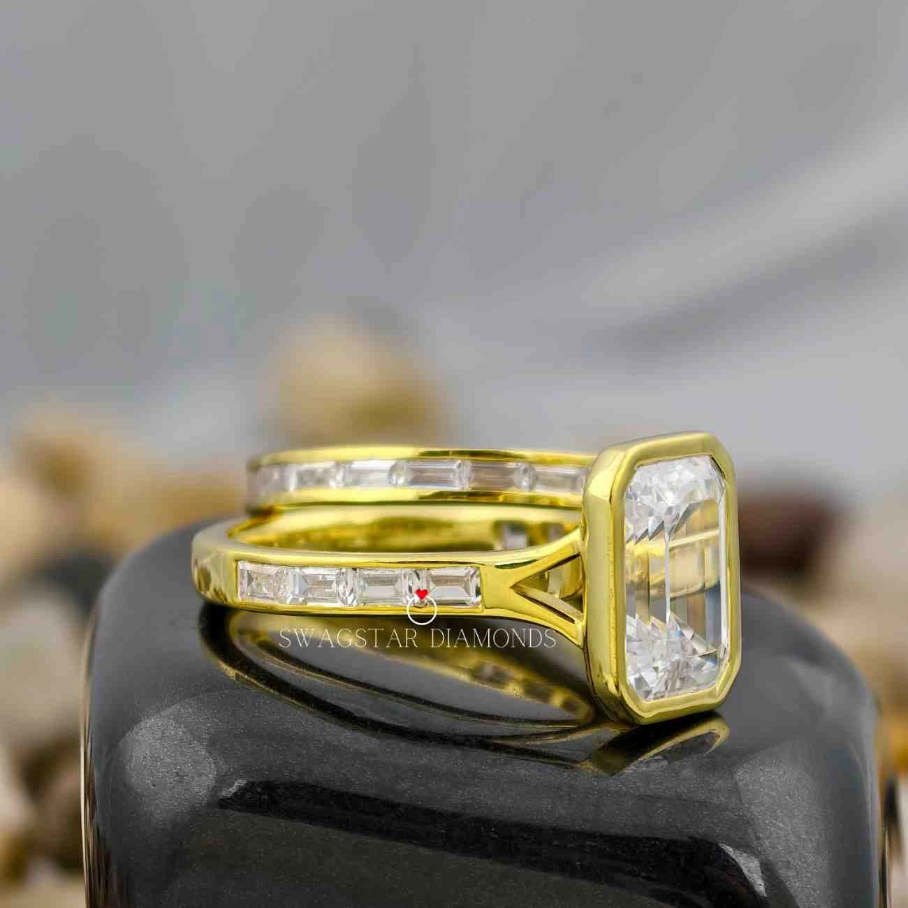 Emerald Cut Bezel Set Split Shank Bridal Set 
