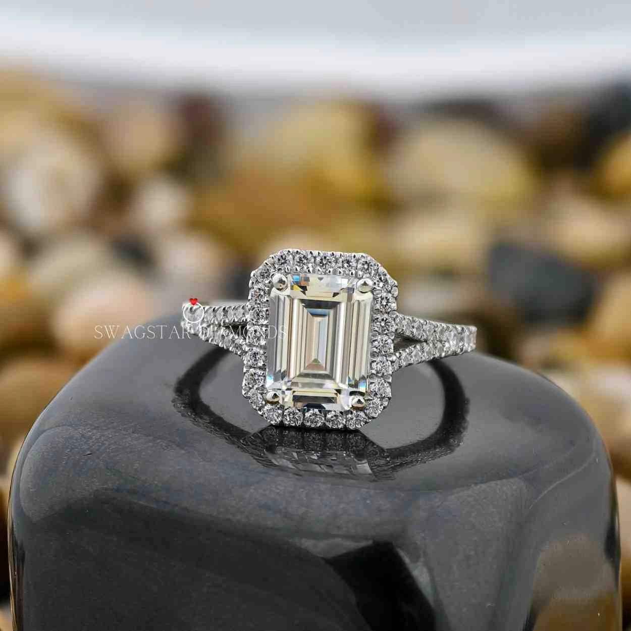 Emerald Cut Halo Split Shank Ring
