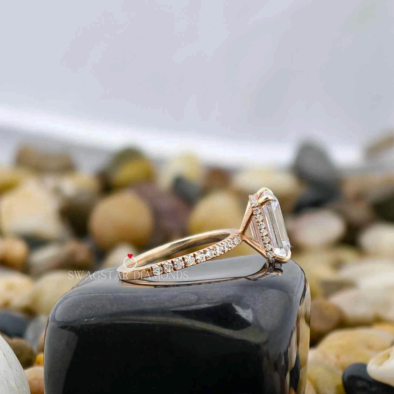 Emerald Cut Hidden Halo Wedding Rings