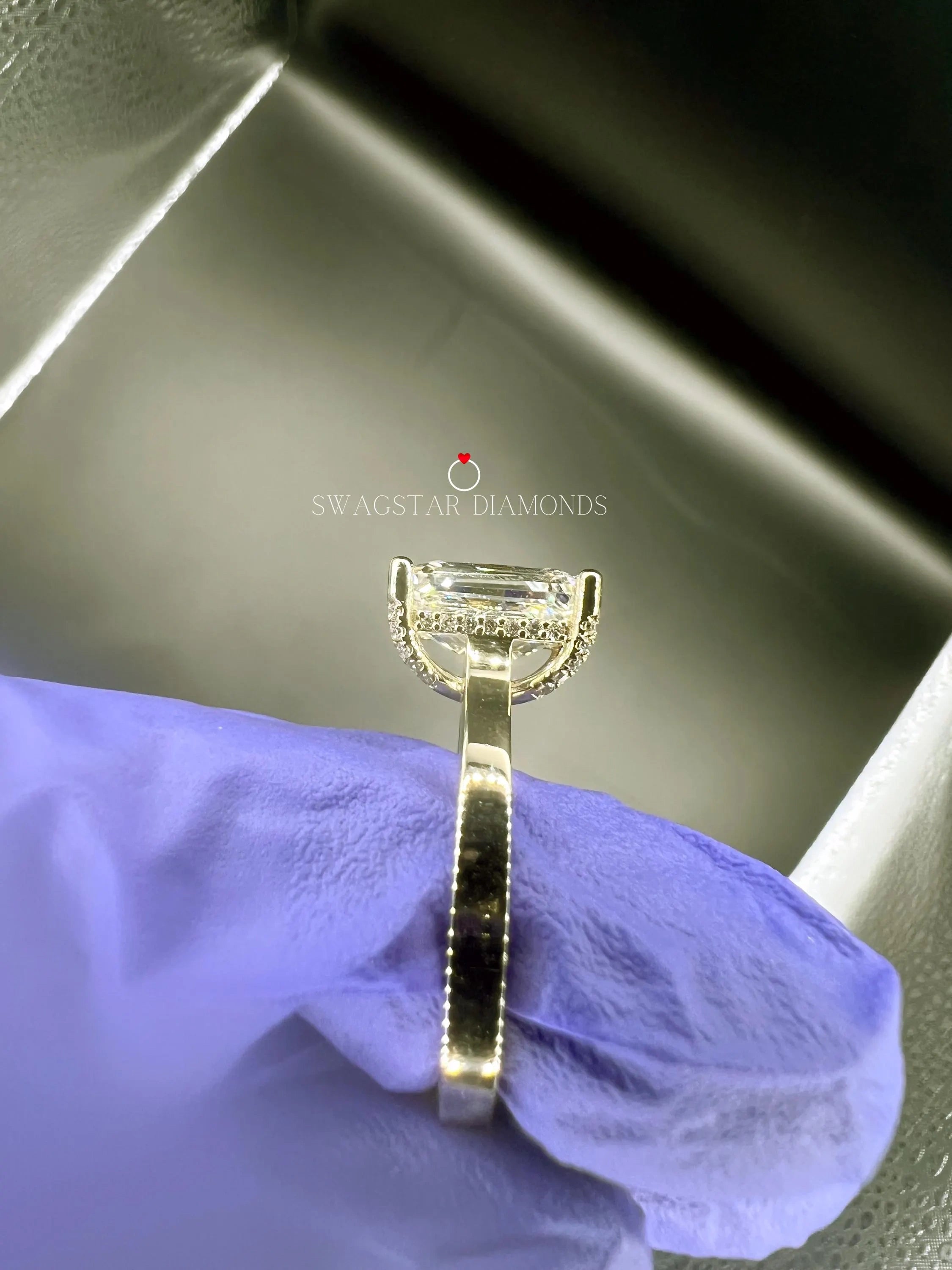 Emerald Cut Lab Grown Diamond Hidden Halo Ring