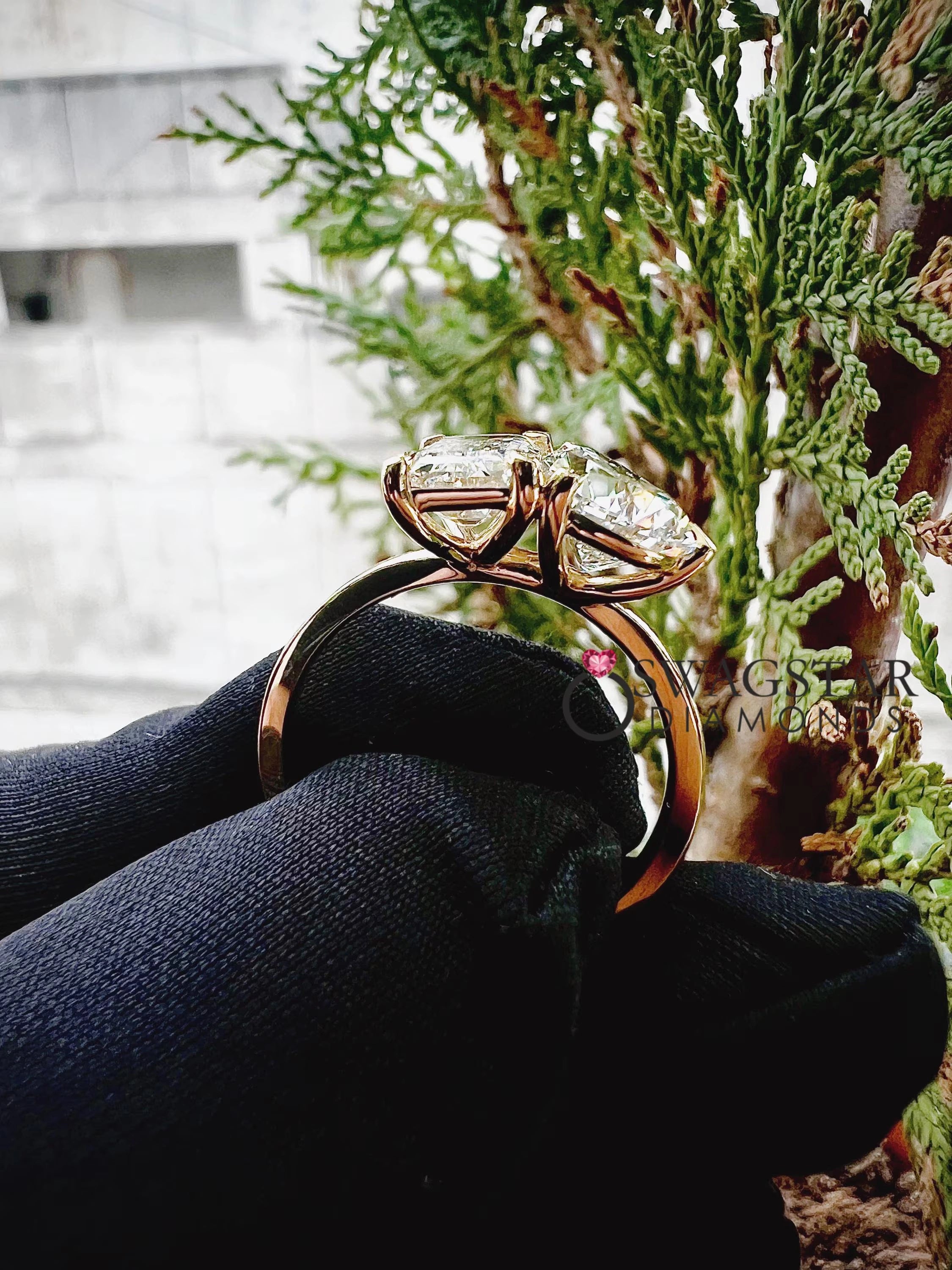 Emerald and Pear Lab Grown Diamond Ring.