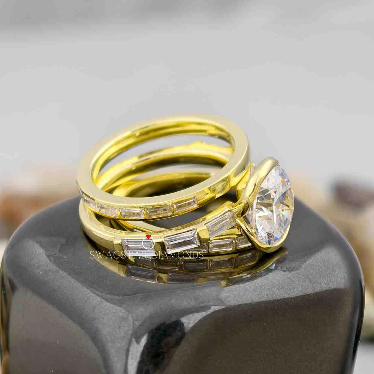 Lab Created Diamond Half Bezel Trio Wedding Ring Set