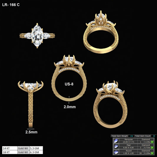 3 Carat Marquise Cut Three Stone Vintage Style Lab Grown Diamond Engagement Ring