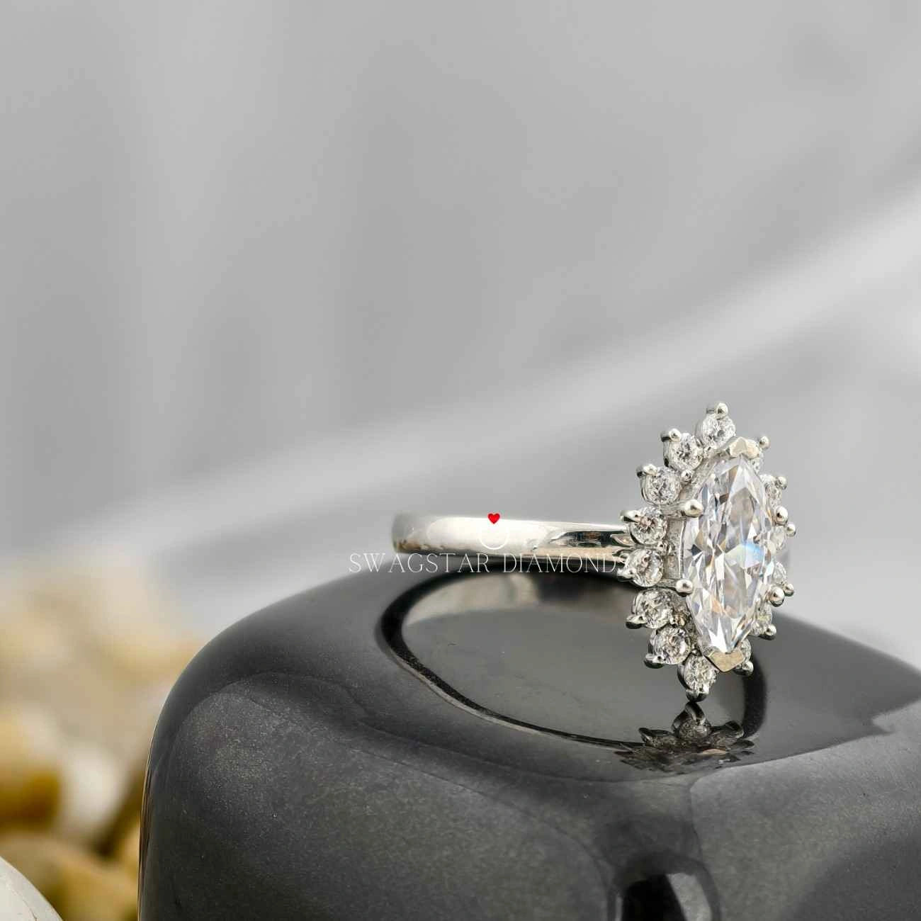 Marquise Cut Halo Solitaire Women Ring