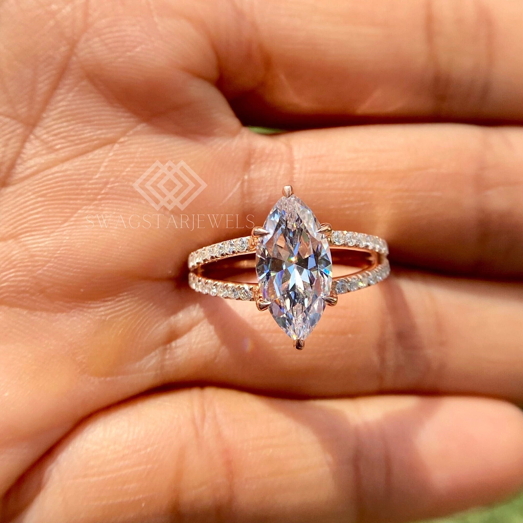 Marquise Cut Split Shank Lab Grown Diamond Ring