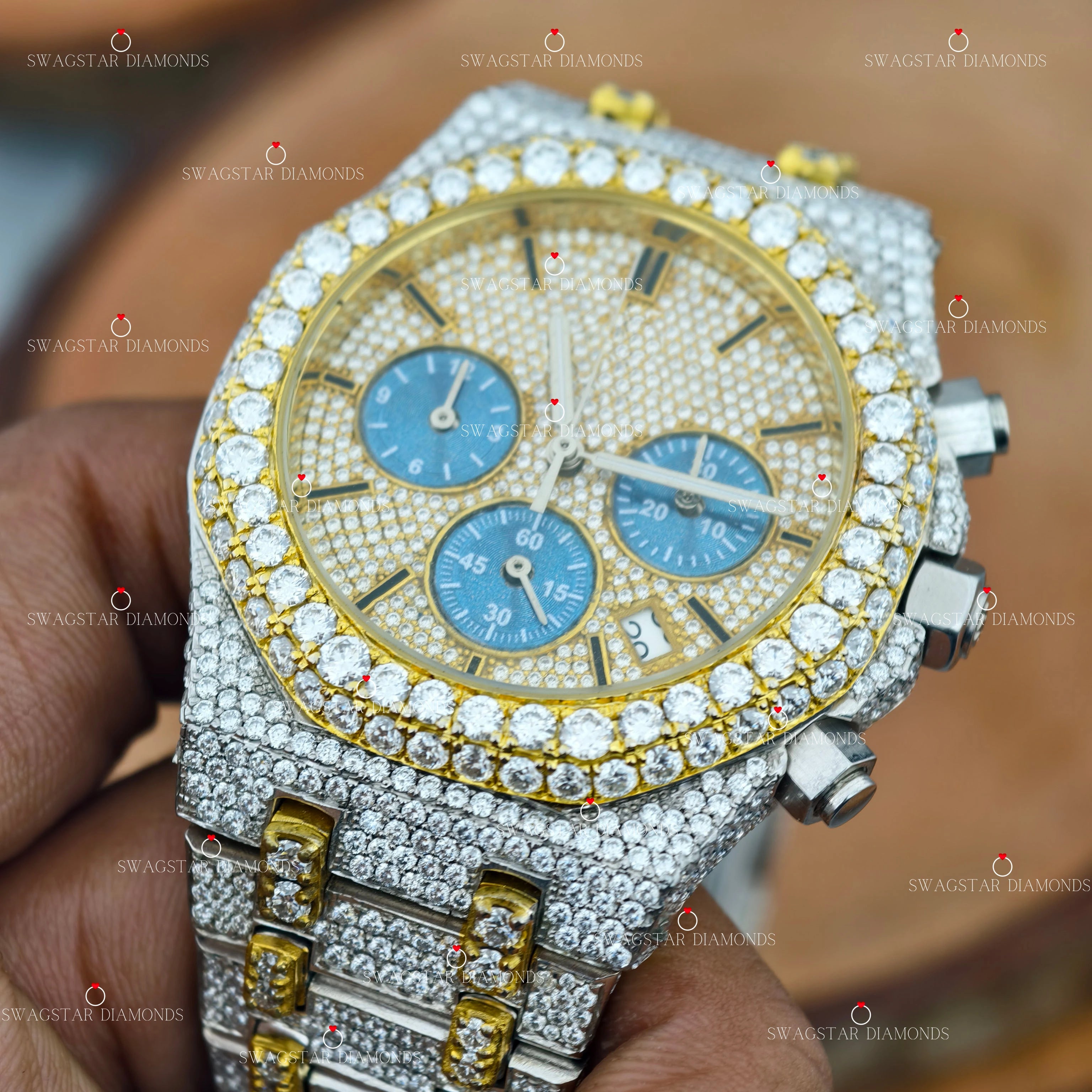 Multi Chrono Two Tone Yellow Plated Moissanite Watch 