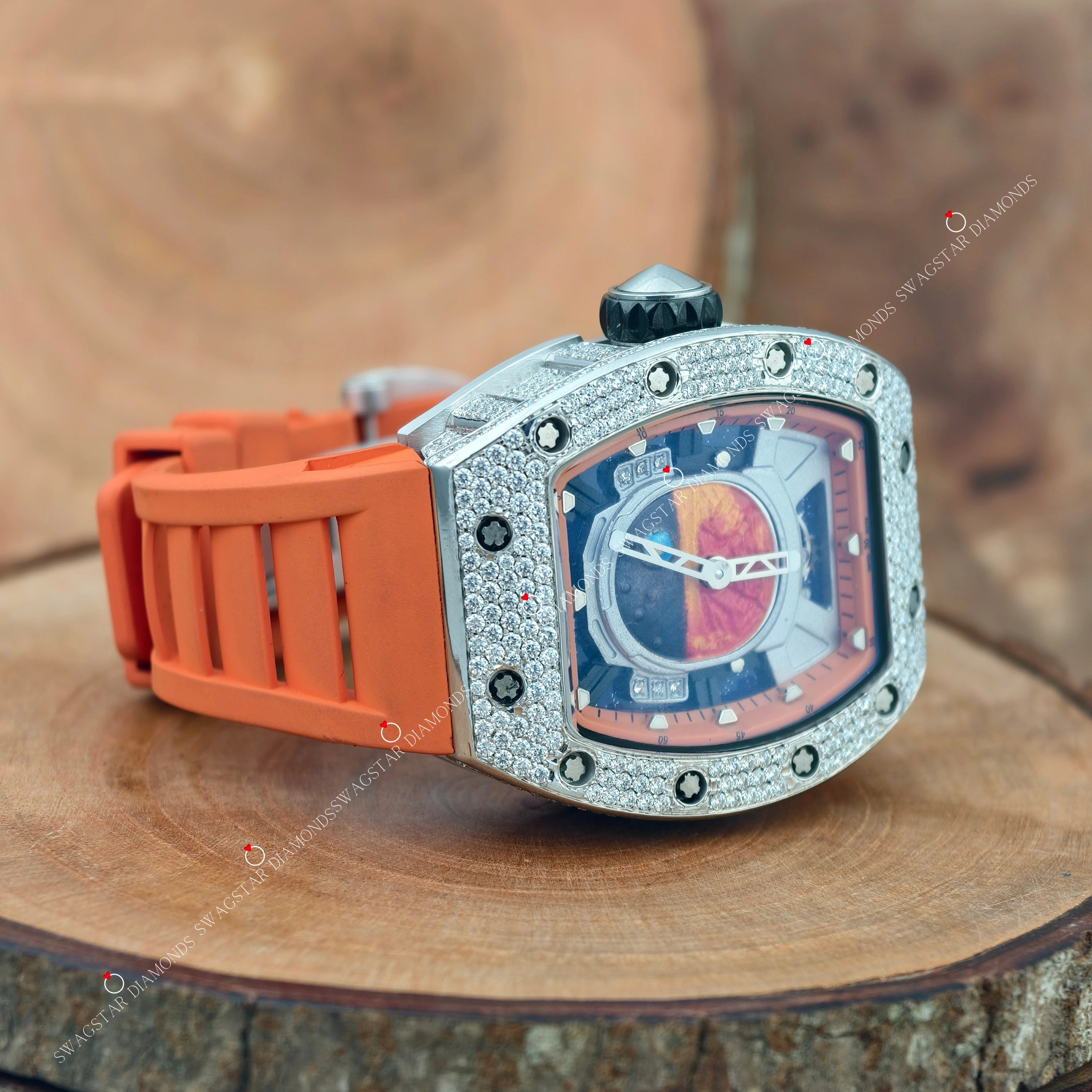Orange Rubber Belt Moissanite Watch
