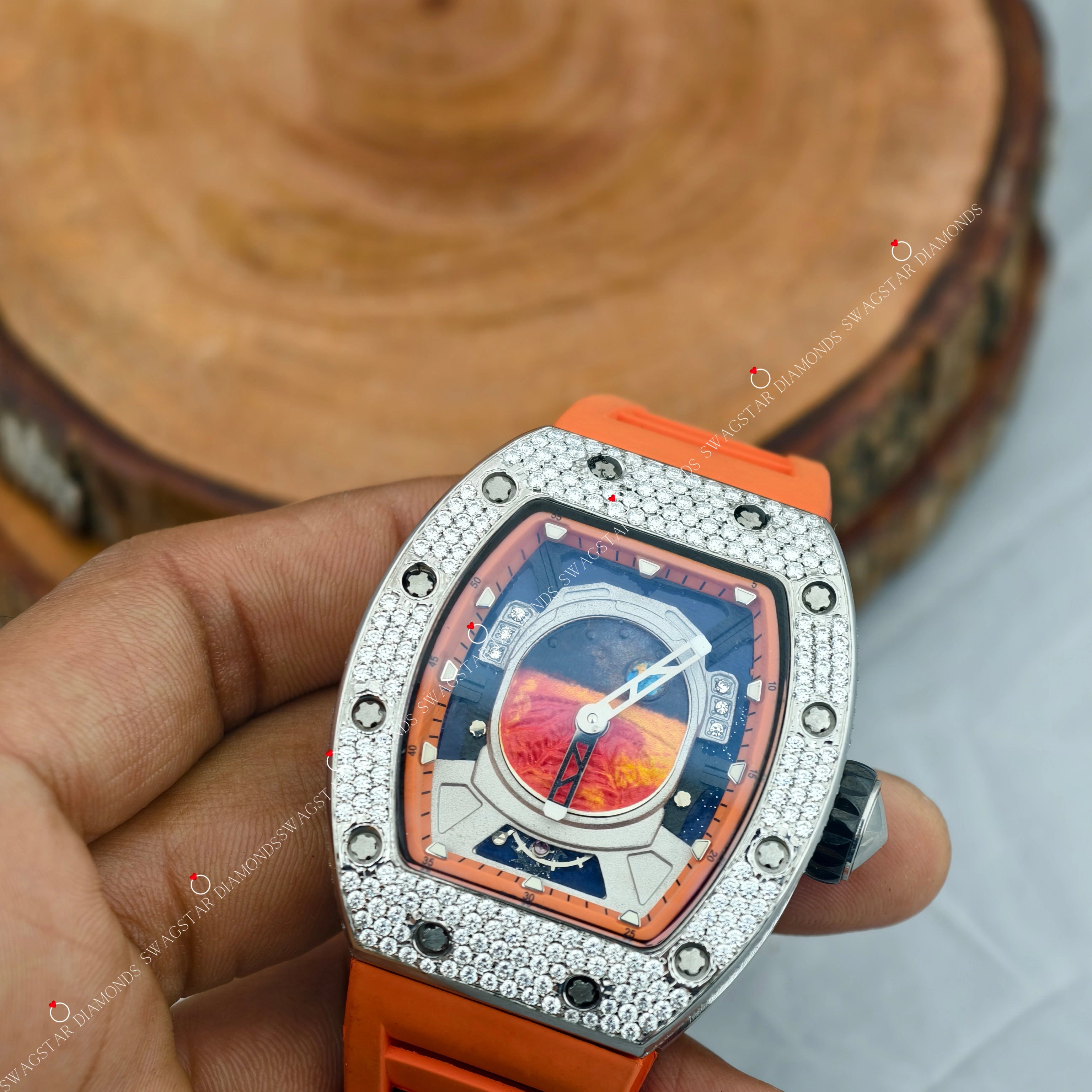 Orange  Silicon Belt Moissanite Watch