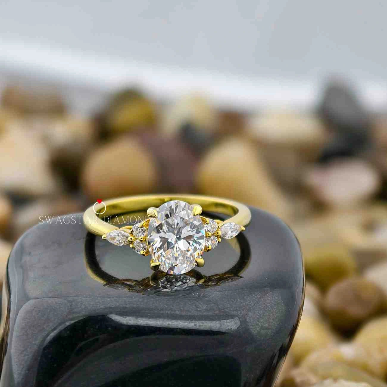 2 Carat Oval Cut Lab Diamond Ring Cluster Engagement Ring For Her In 14K Yellow Gold