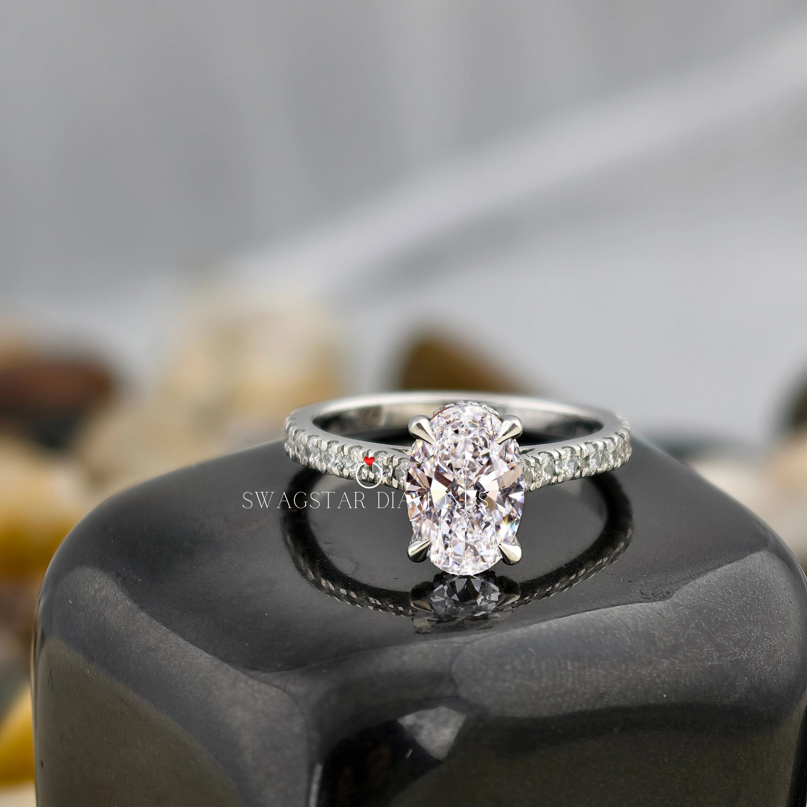 Oval Cut Solitaire Pave Ring