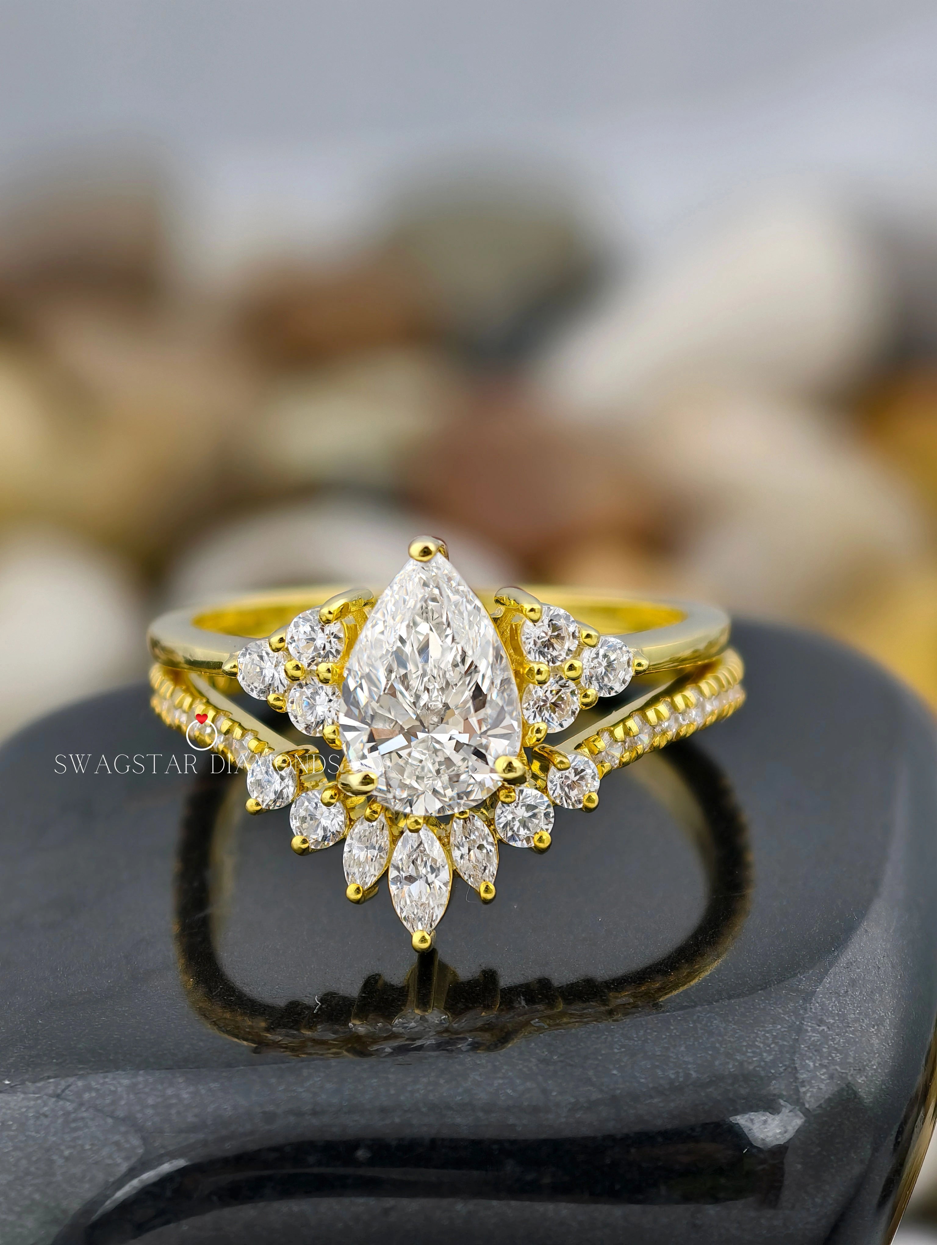 Pear Cut V Shape Cluster Bridal Set Ring
