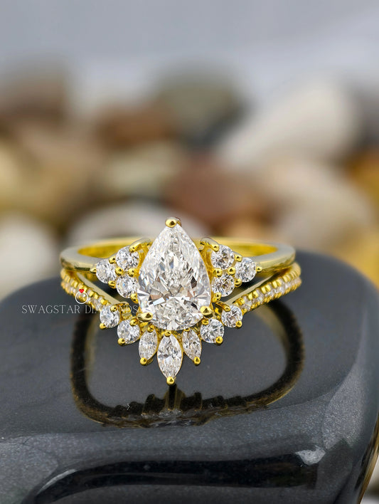 Pear Cut V Shape Cluster Bridal Set Ring
