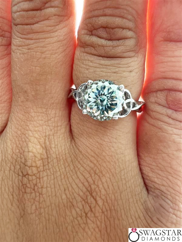 2 Carat Round Portuguese Cut Cyan Color Moissanite Engagement Ring In 14K White Gold