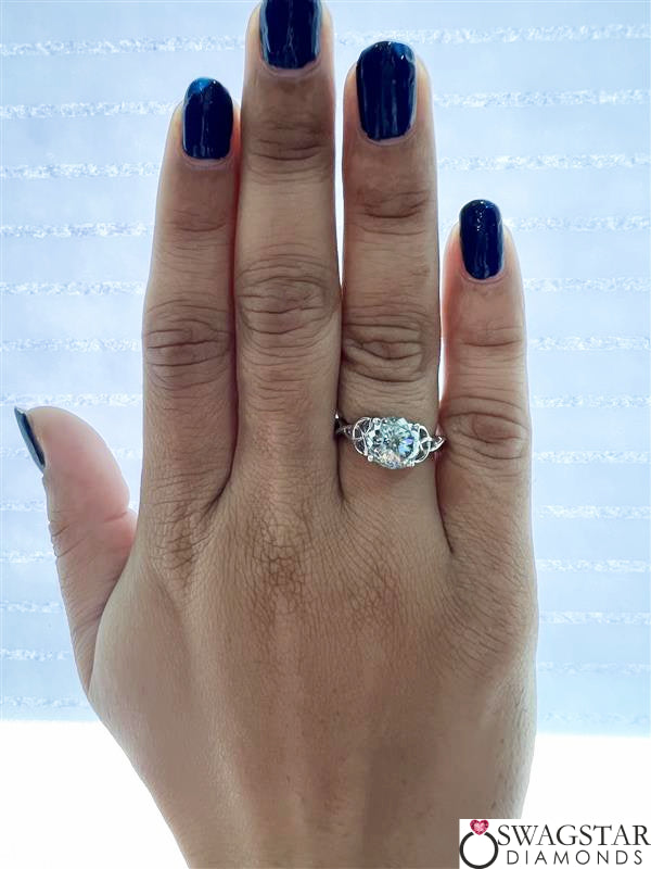 2 Carat Round Portuguese Cut Cyan Color Moissanite Engagement Ring In 14K White Gold