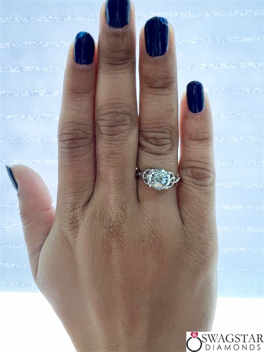 2 Carat Round Portuguese Cut Cyan Color Moissanite Engagement Ring In 14K White Gold