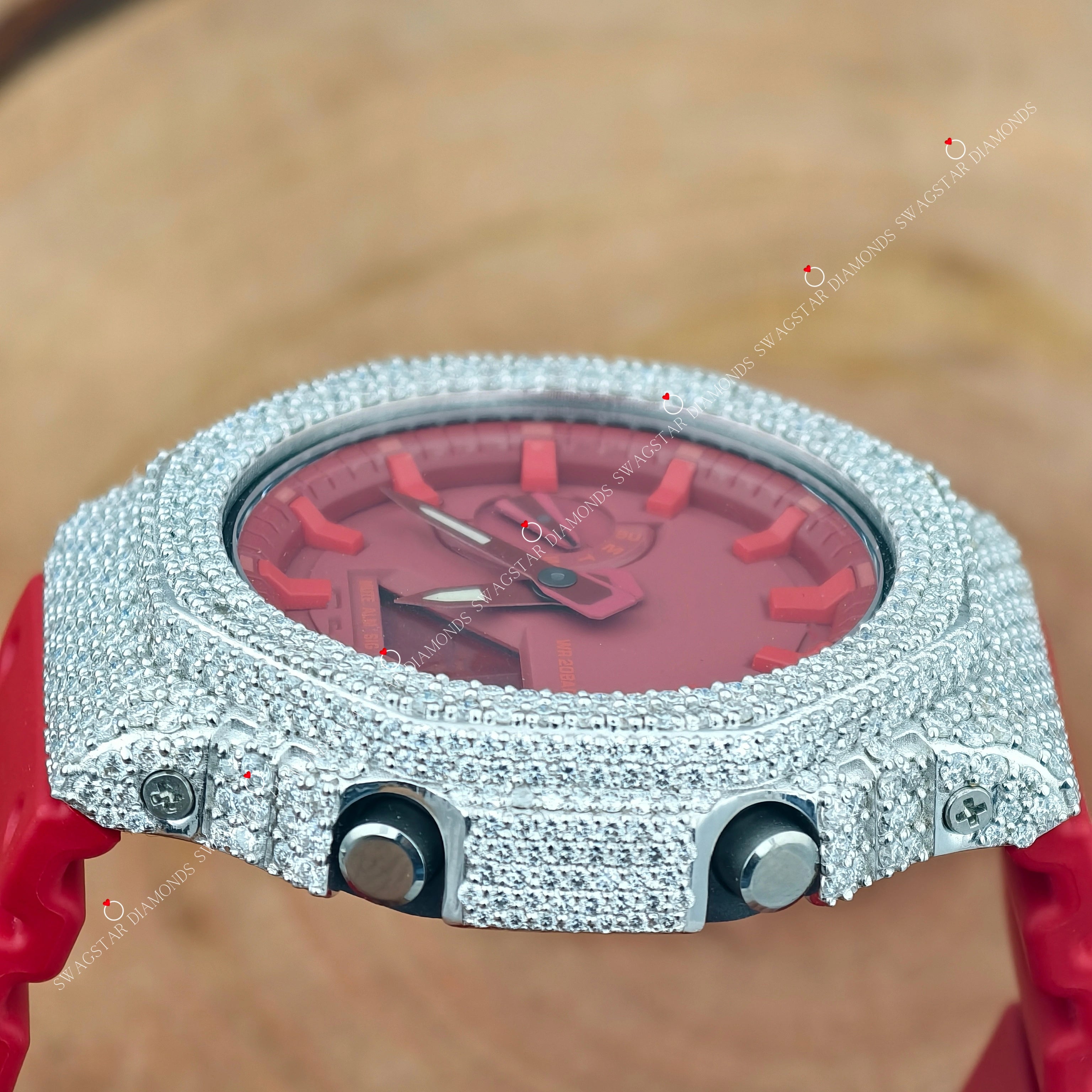 Red Silicon Belt Bezel Dial Moissanite Watch For Him
