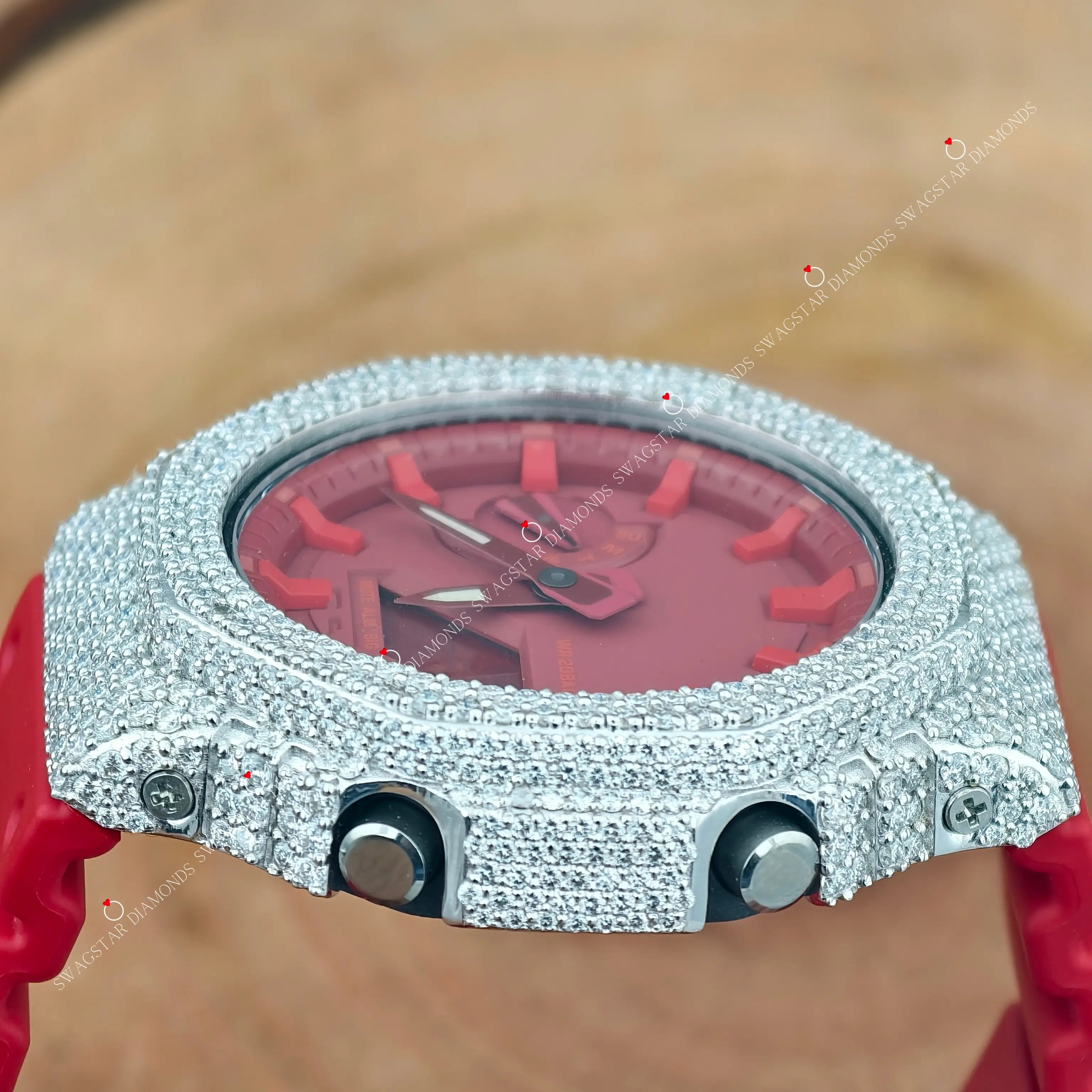 Red Silicon Belt Bezel Dial Moissanite Watch.