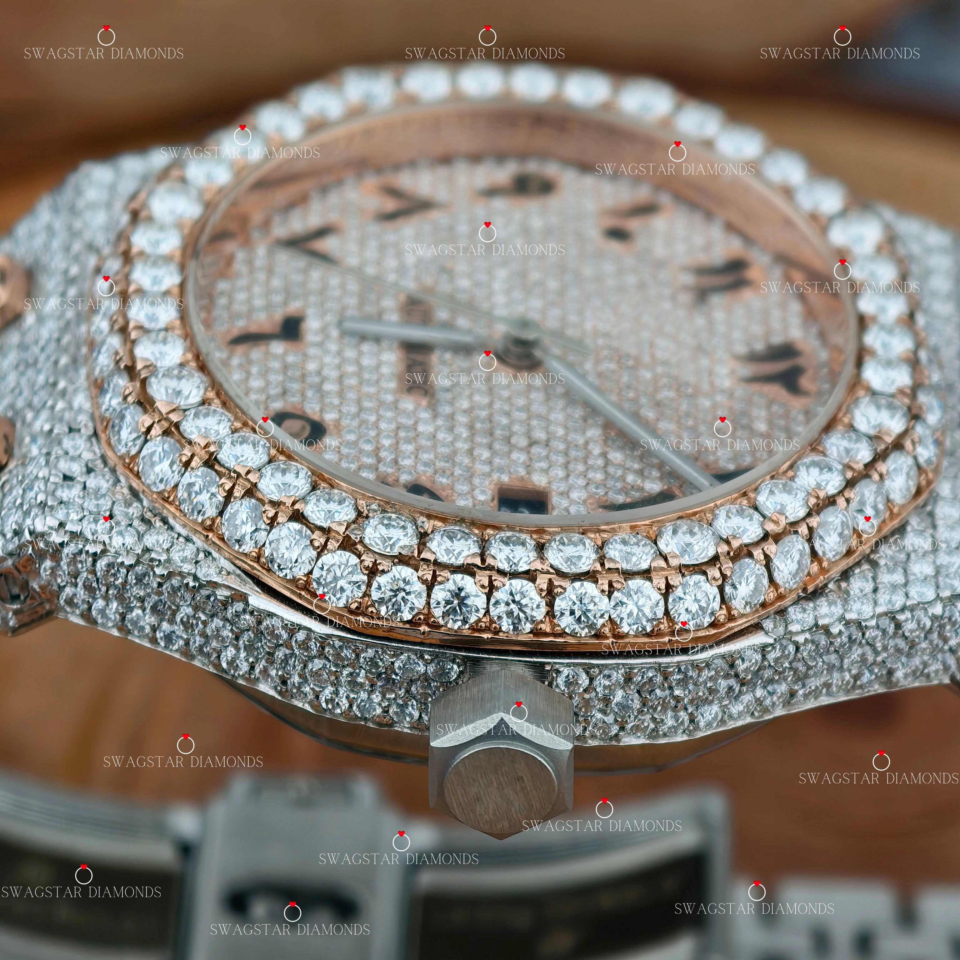 Rose Gold Plated Iced Out Moissanite Watch 