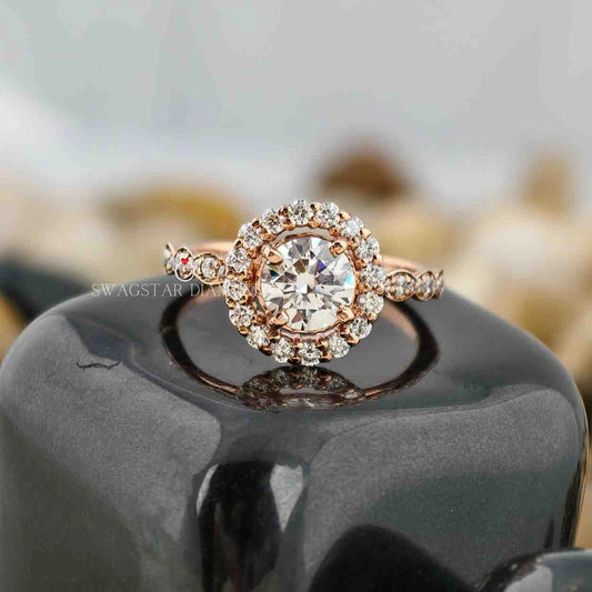 Round Cut Halo Pave Solitaire Ring