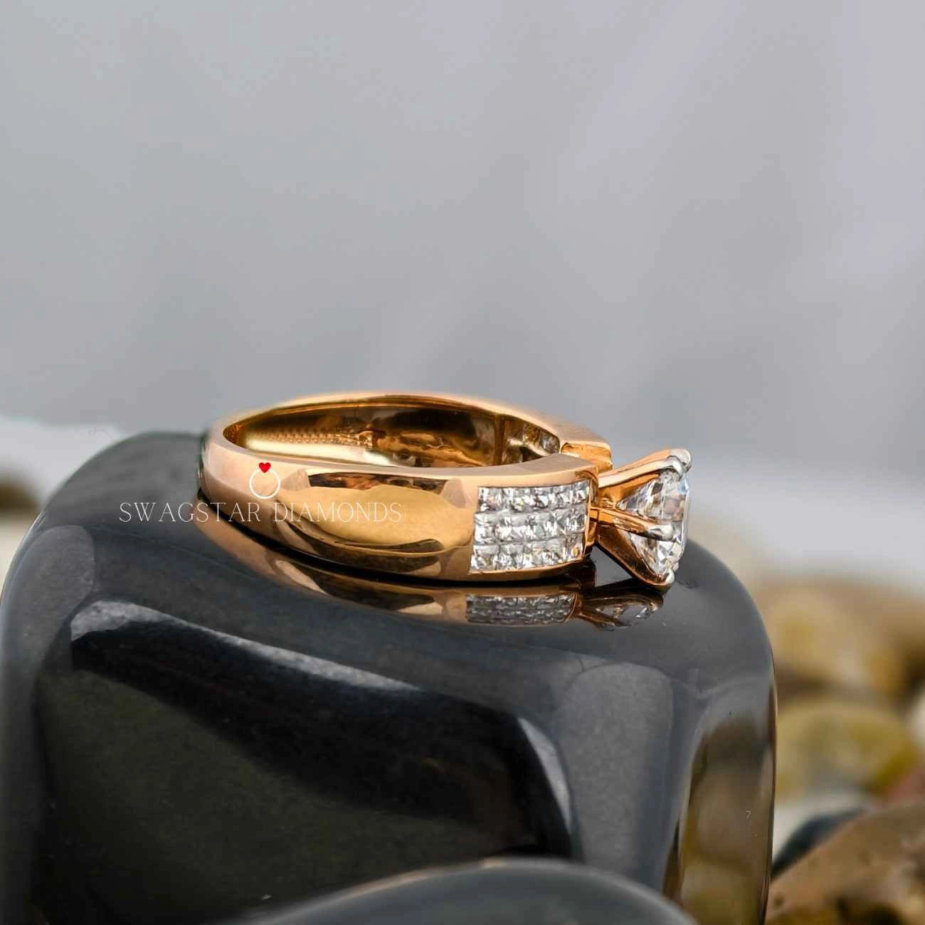 Round Cut Three Row Shank Engagement Ring
