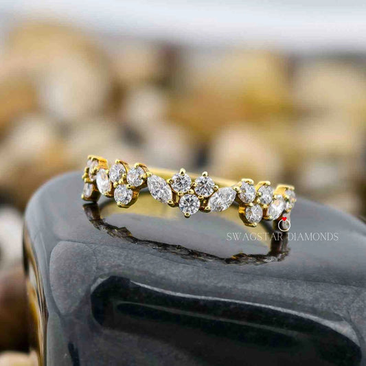 Round and Marquise Cut Art Deco Half Eternity Wedding Band 