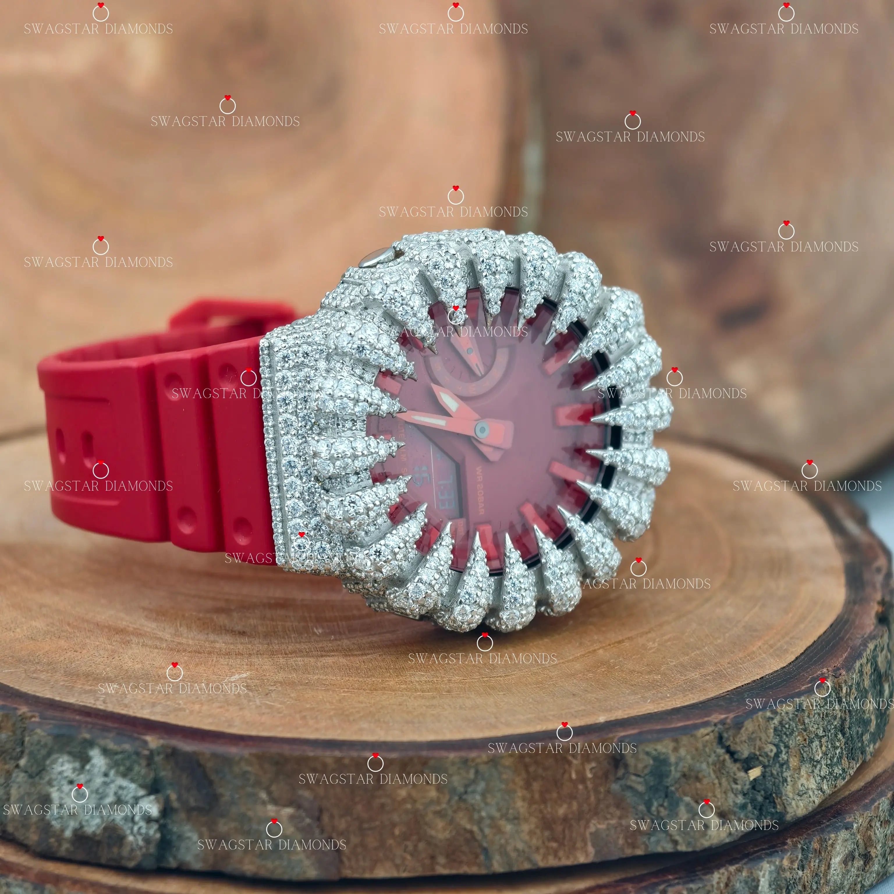 Trendy Red Belt Moissanite Watch For Men.