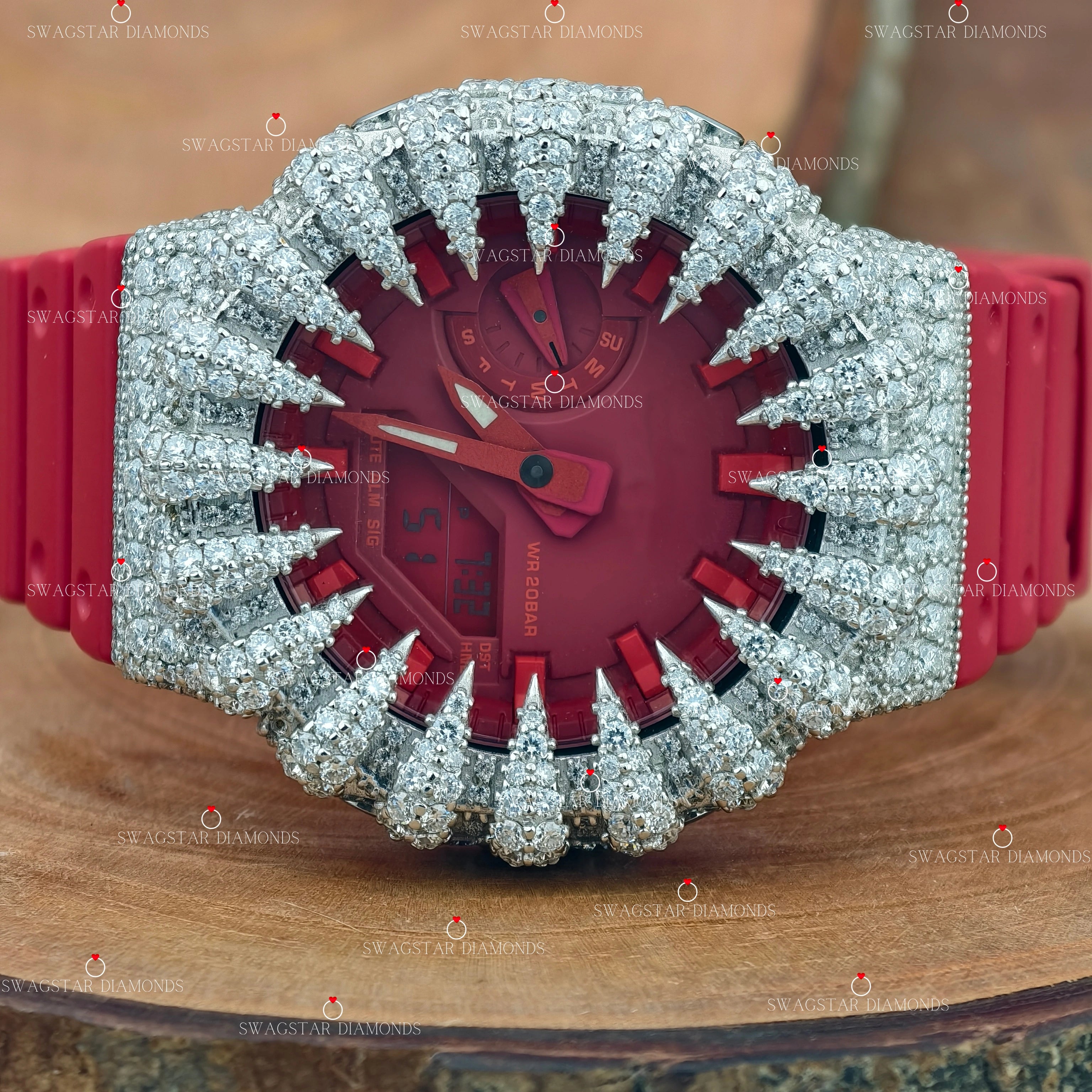 Trendy Red Belt Moissanite Watch For Men
