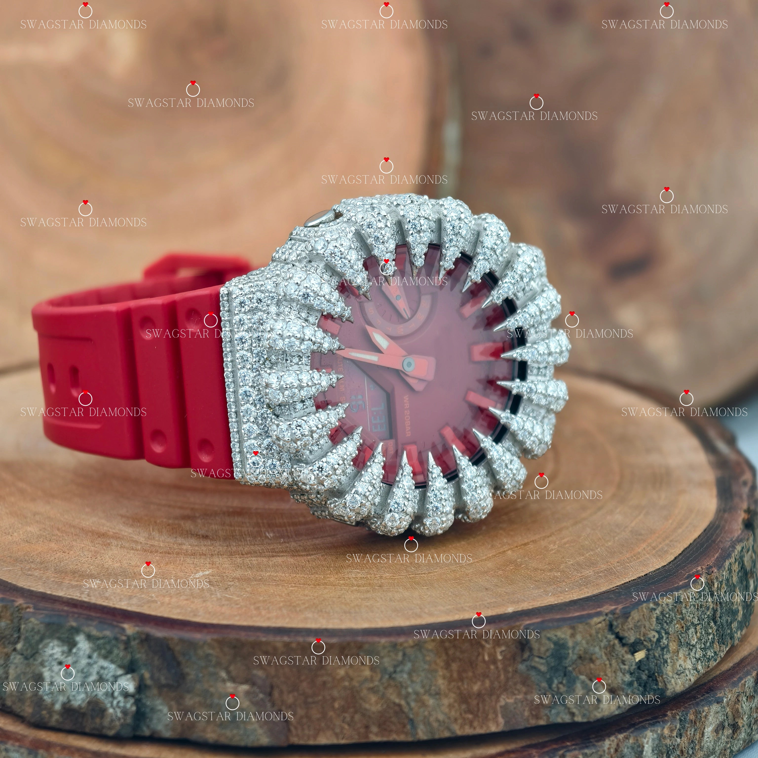 Trendy Red Belt Moissanite Watch For Mens