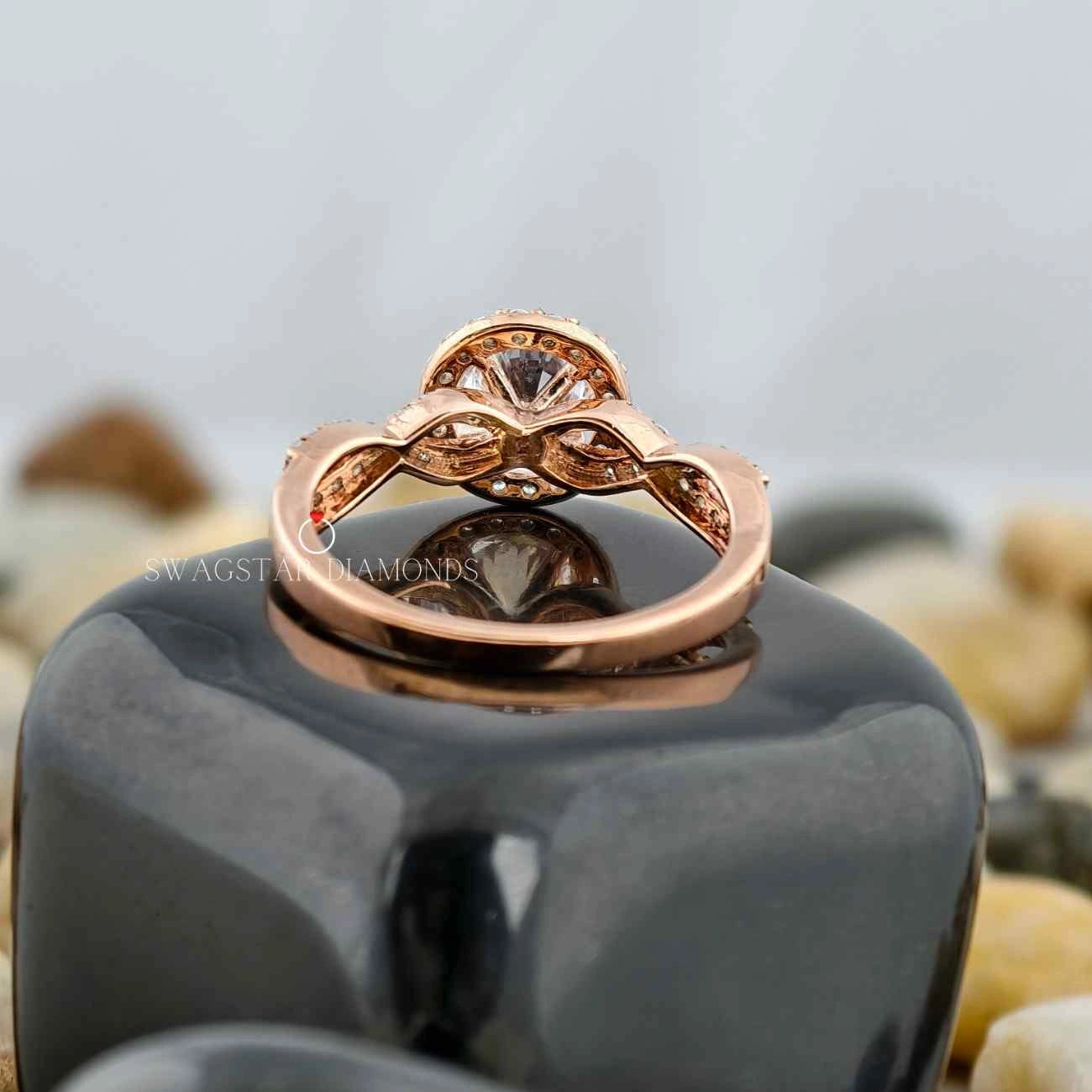 Twisting Split Shank Halo Engagement Ring
