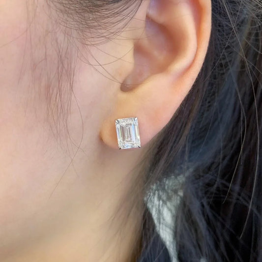3 Carat Emerald Cut Stud Lab Grown Diamond Earrings for Women with Push Back Style
